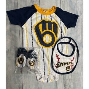 NEW! MLB Milwaukee Brewers Baseball Toddler Onesie, Bib, Booties, Size 24 months
